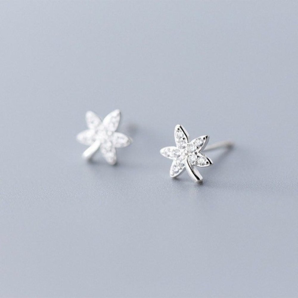 Silver Maple Leaves Shining Stud Earring-ECZ017 Silver SS082